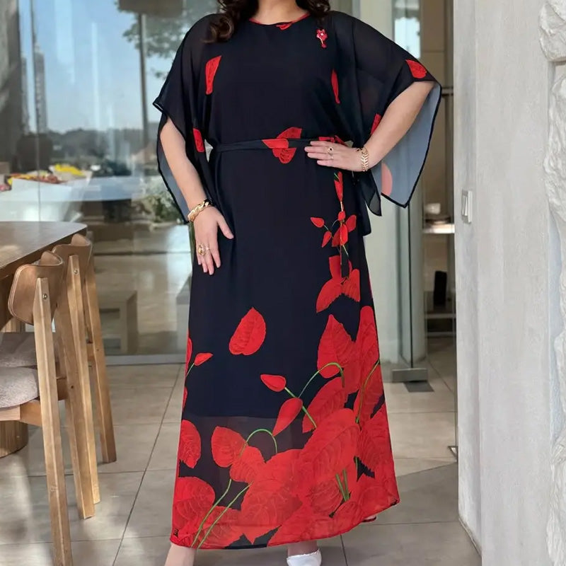 👗Vestido con cuello redondo y cinturón con vuelo 🌸 | Estampado floral | Silueta ajustable-ES