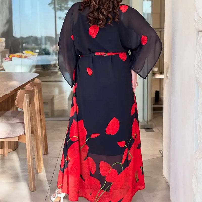 👗Vestido con cuello redondo y cinturón con vuelo 🌸 | Estampado floral | Silueta ajustable-ES