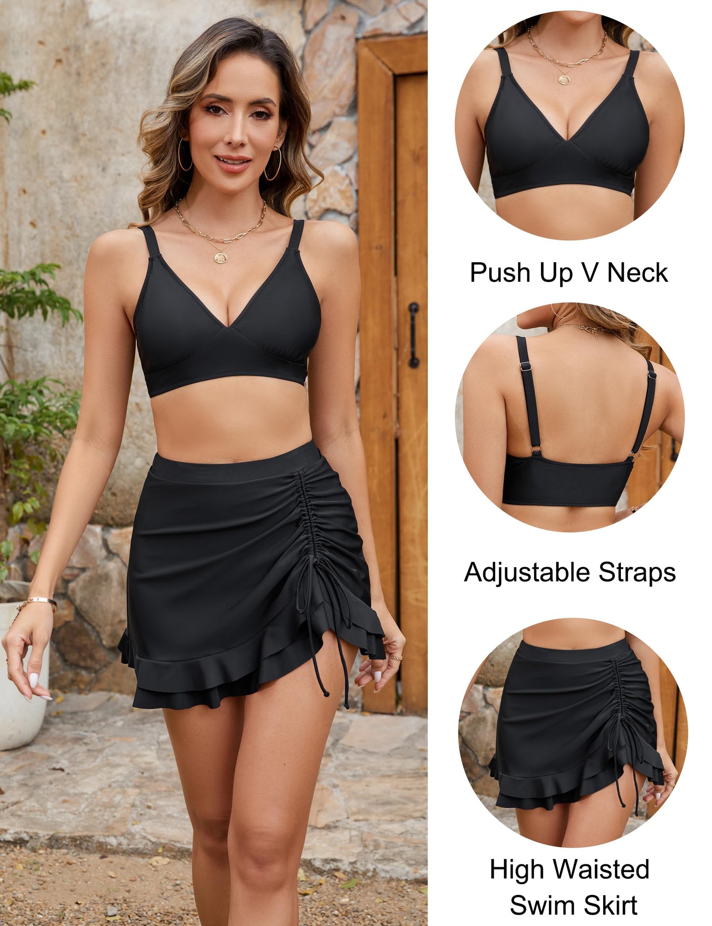 Conjuntos de bikini de cintura alta para mujer con control de abdomen y cuadros.-ES