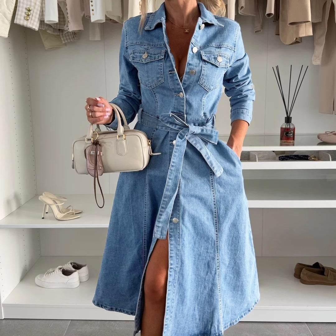 ✨Moteriška džinsinė suknelė ilgomis rankovėmis ir sagomis👗-LT
