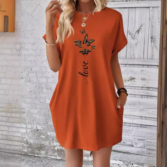 💖Vestido casual con escote redondo y mariposas bordadas-ES