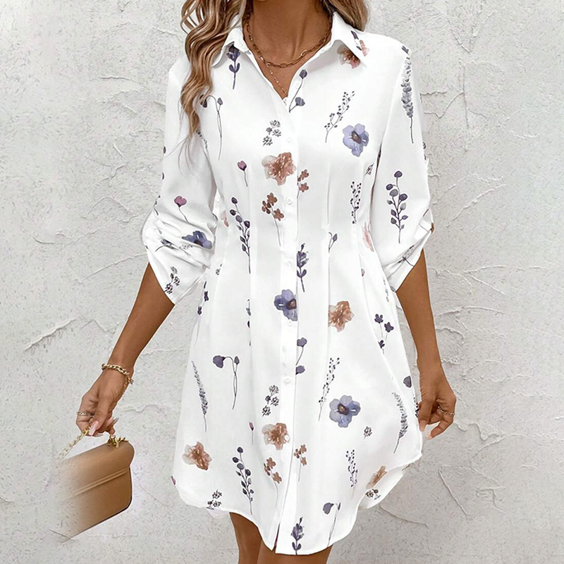 【S-XL】🌸Elegante vestido camisero de corte A con mangas largas y estampado floral-ES