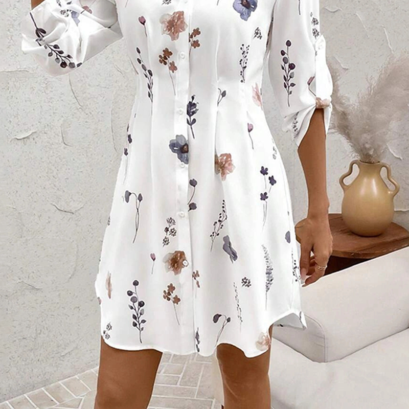【S-XL】🌸Elegante vestido camisero de corte A con mangas largas y estampado floral-ES