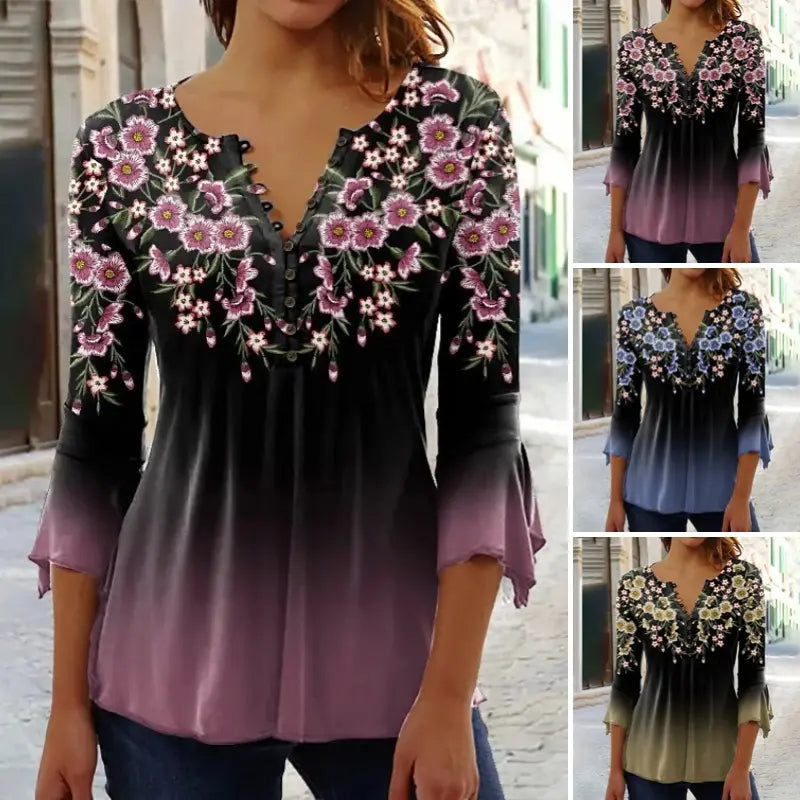 🔥Elegantni ženski top s cvjetnim uzorkom i V-izrezom-HR