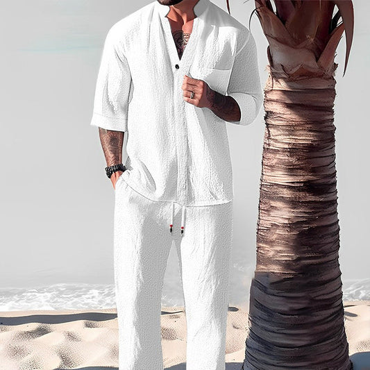 ❄️Elegante conjunto de pantalón y blusa de dos piezas de lino y algodón para hombre-ES