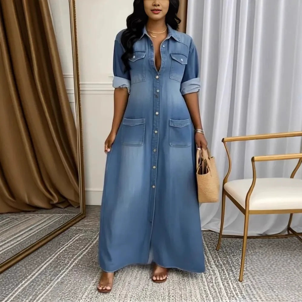 Vestido largo vaquero abotonado para mujer-ES