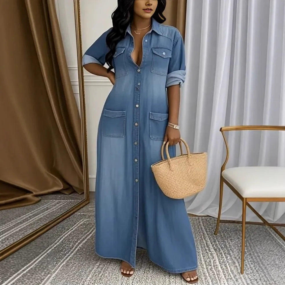 Vestido largo vaquero abotonado para mujer-ES