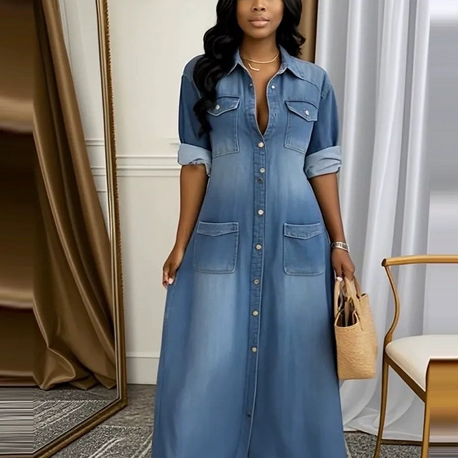Vestido largo vaquero abotonado para mujer-ES