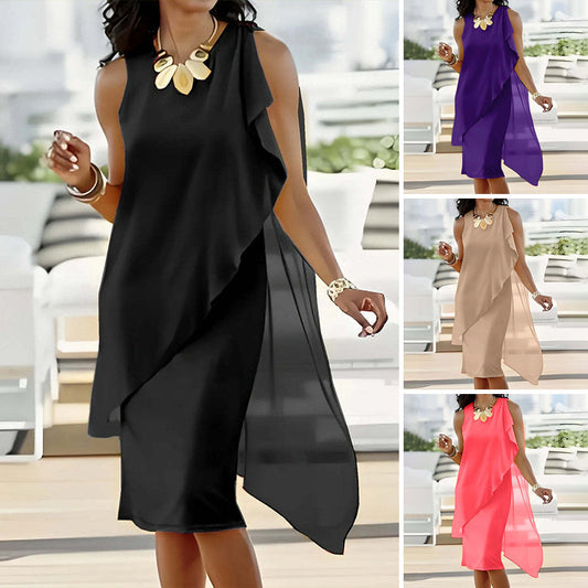 Elegante vestido sin mangas con escote redondo y malla asimétrica.-ES