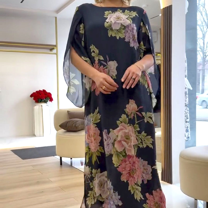 Elegantna dolga ženska obleka s potiskom na vratu-SI