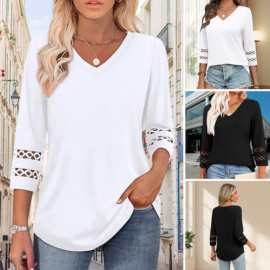 🌺[S-3XL]👚✨ Klasszikus Egyszínű V-nyakú Felső 3/4-es Ujjakkal-LT