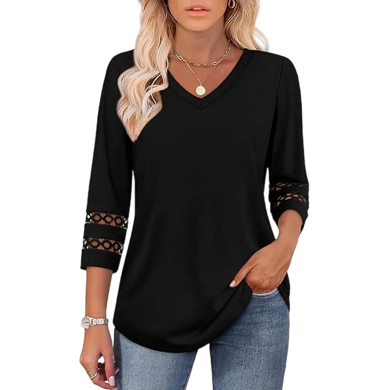 🌺[S-3XL]👚✨ Top clásico de color liso con escote en V y mangas 3/4-ES