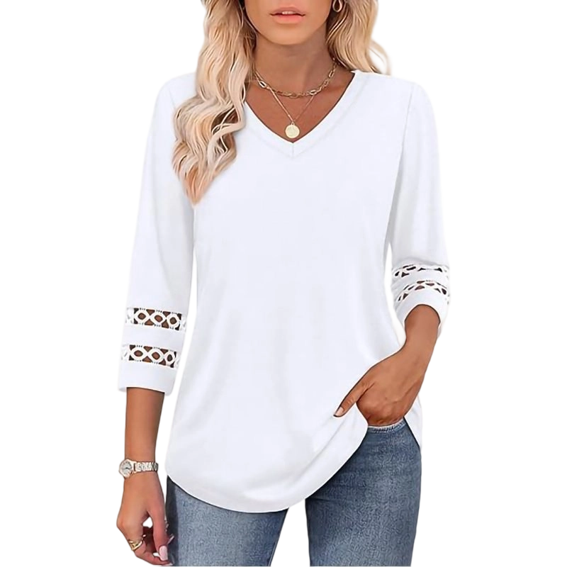 🌺[S-3XL]👚✨ Top clásico de color liso con escote en V y mangas 3/4-ES