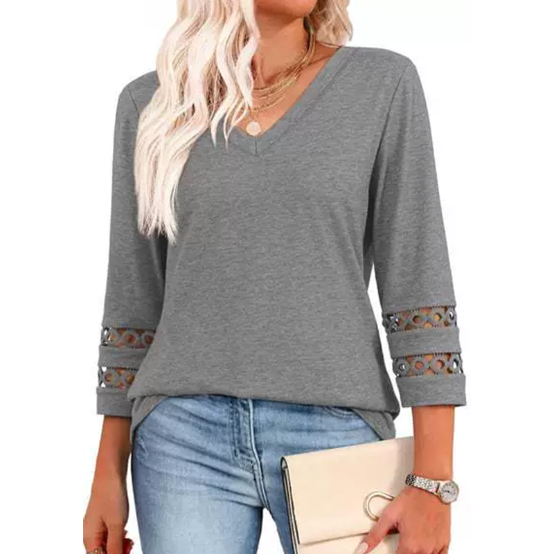 🌺[S-3XL]👚✨ Top clásico de color liso con escote en V y mangas 3/4-ES