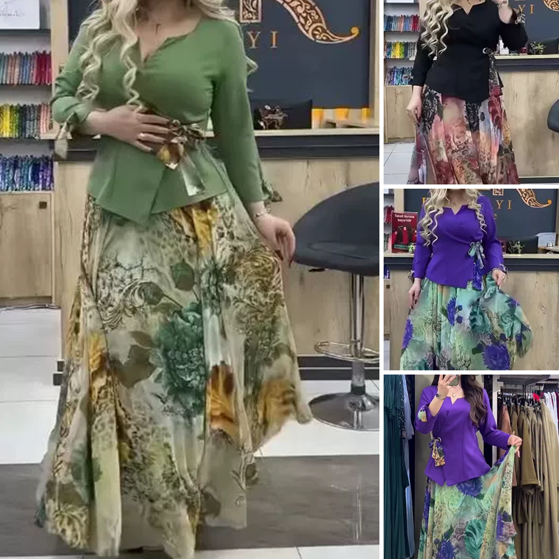 💜Elegante top y falda con motivos florales, conjunto de dos piezas-ES